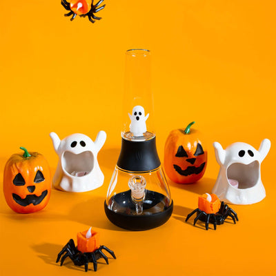 Halloween edition ghost percolator Bong, yellow backdrop with pumpkins 