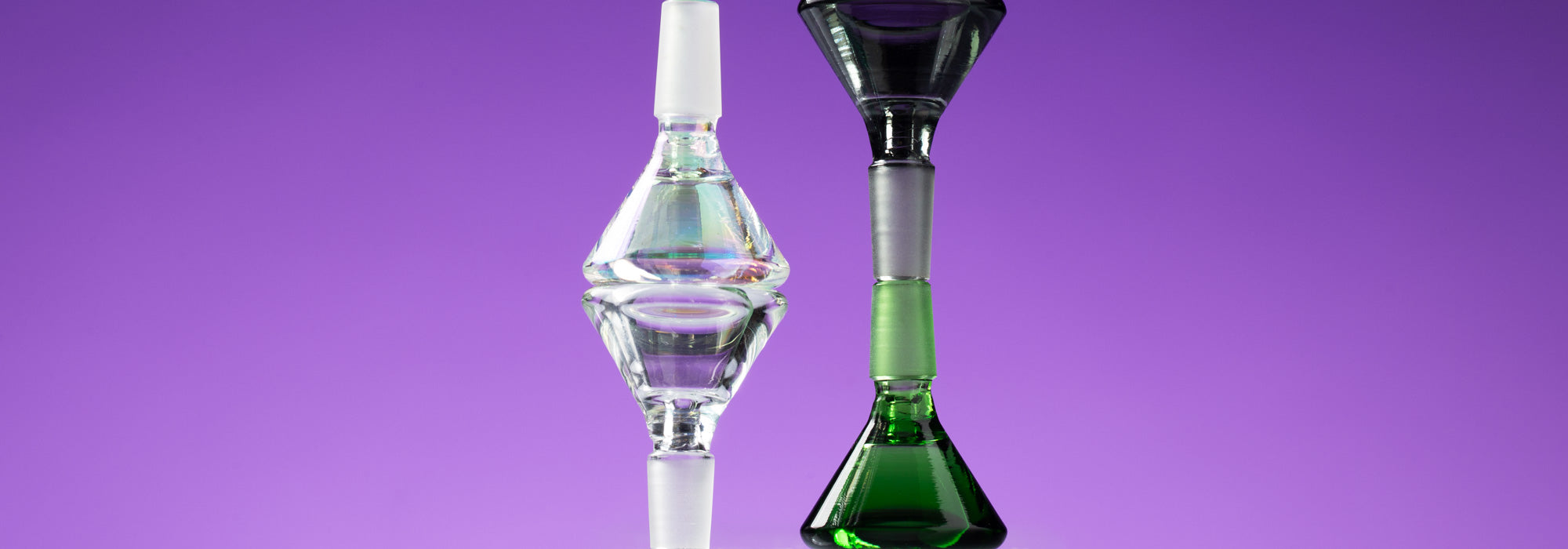 assorted bong bowls close up against purple background banner