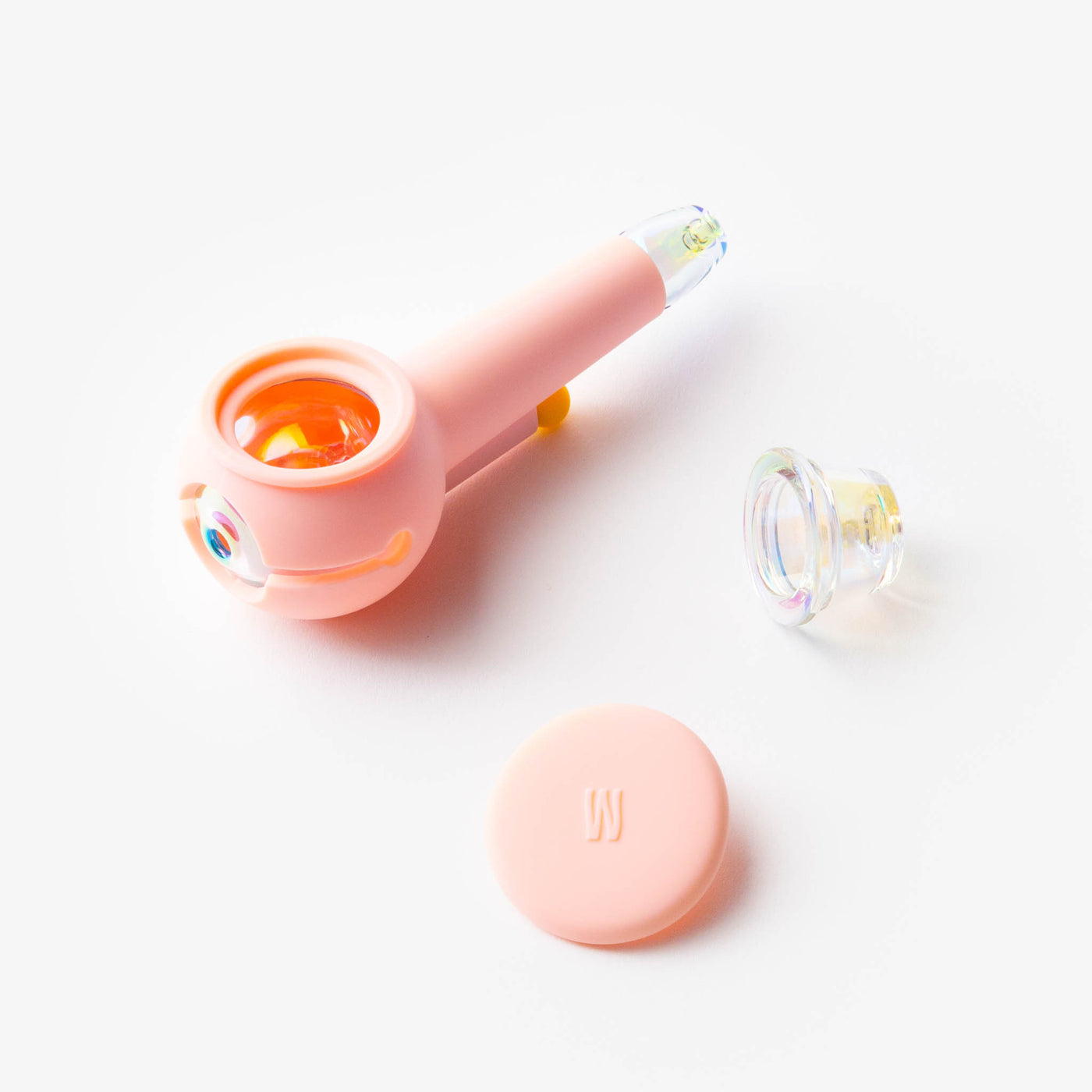 Bubblegum pink hand pipe with an iridescent glass bowl, silicone cover, and detachable lid, designed for quick cleaning.