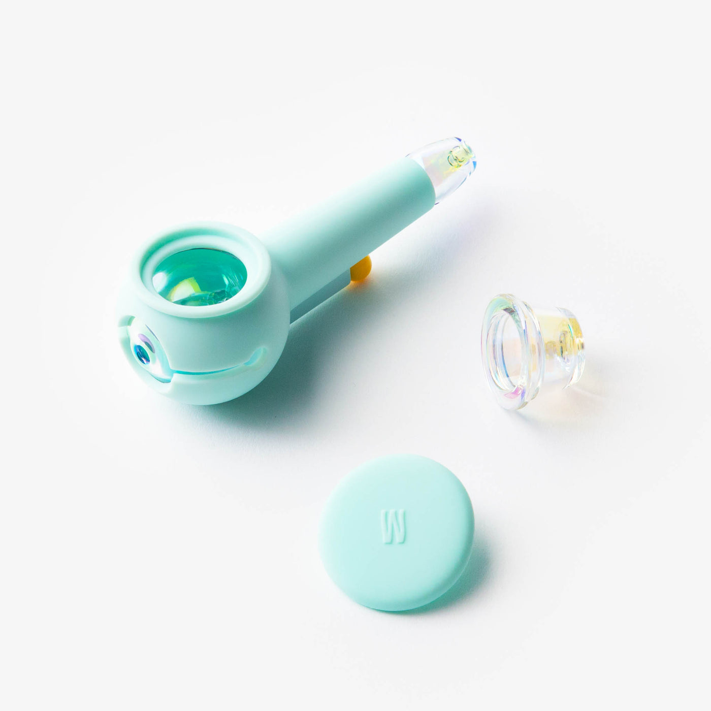 Sky blue hand pipe with an iridescent glass bowl, silicone cover, and detachable lid, designed for easy use and cleaning.