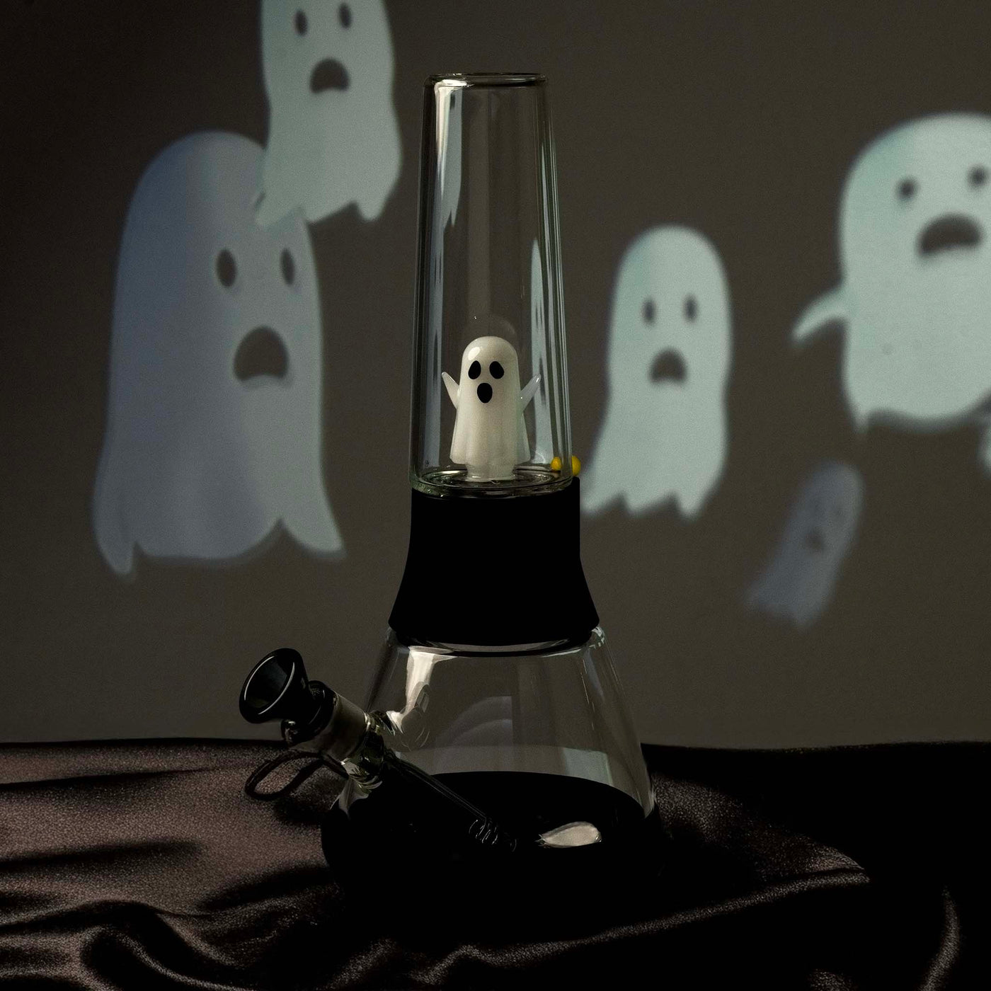 dark ghost percolator bong styled photo. ghost percolator charcoal bong cover against ghost background 