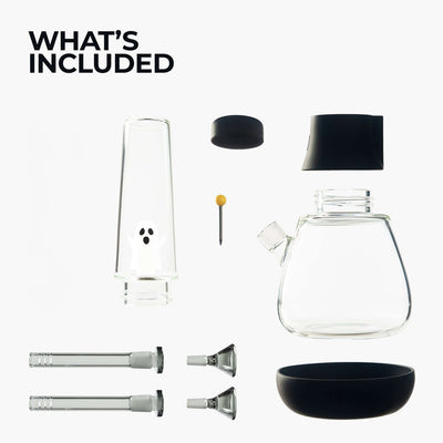dark ghost percolator bong bundle what's included infographic