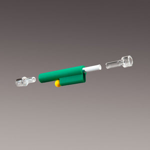 Exploded view of the green one-hitter pipe, featuring glass parts, silicone body, poker, and 6mm filter against a neutral background.