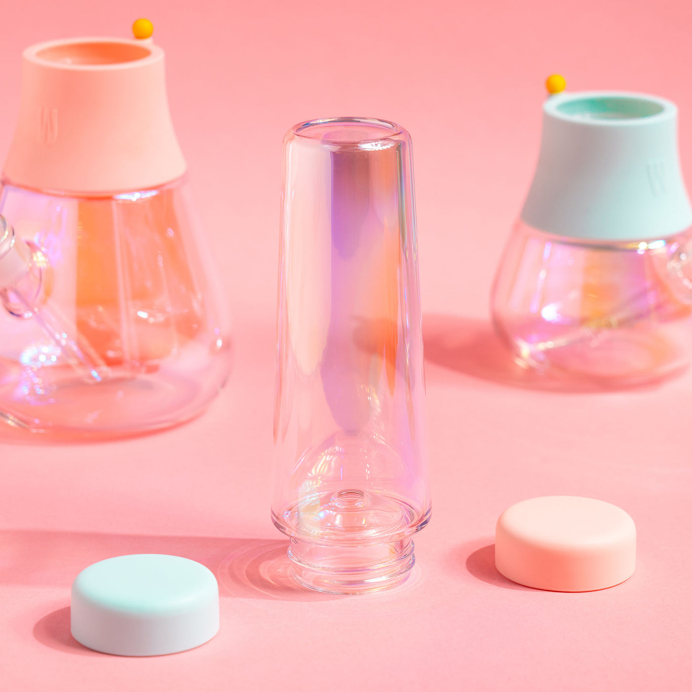 iridescent ice catcher and bubblers with pink backdrop with bubblegum and sky silicon