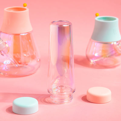 iridescent ice catcher and bubblers with pink backdrop with bubblegum and sky silicon