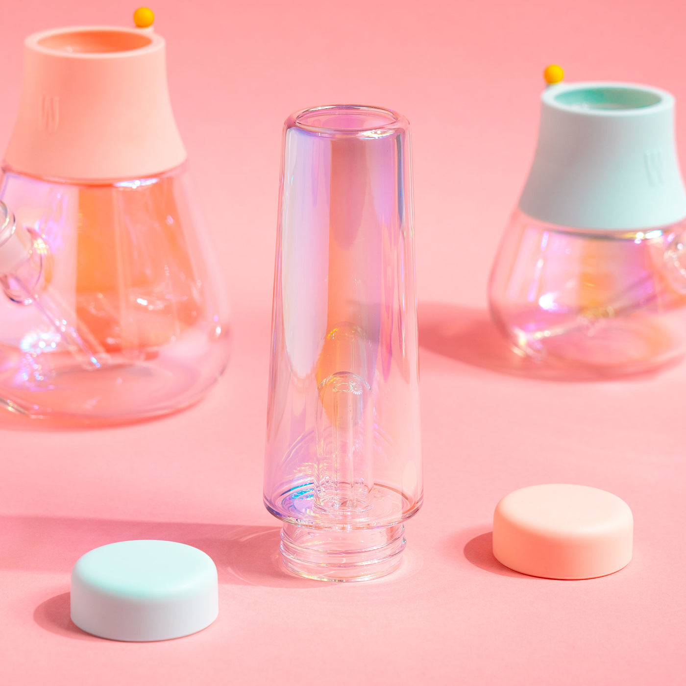 iridescent percolator glass and bubblers with pink backdrop with bubblegum and sky silicon, showing shining glass