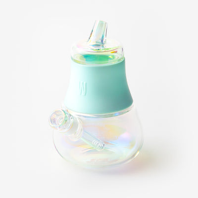 Iridescent glass bubbler bong with a sky blue silicone cover, reflecting a gradient light for a modern and cute look.