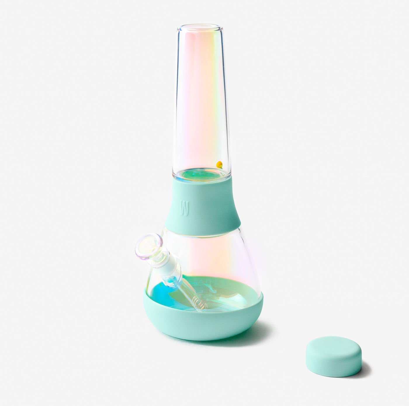 A cute iridescent glass bong in sky blue silicone cover.