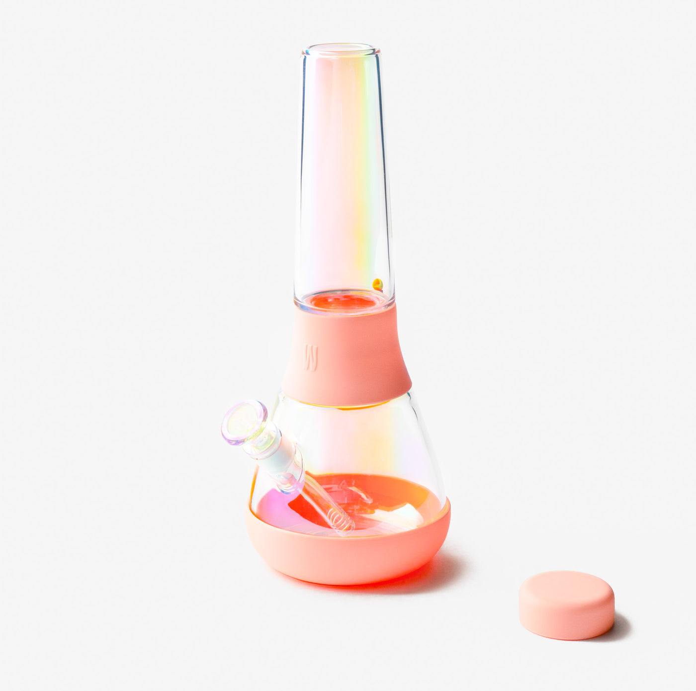 An iridescent glass water bong in bubblegum pink silicone cover.