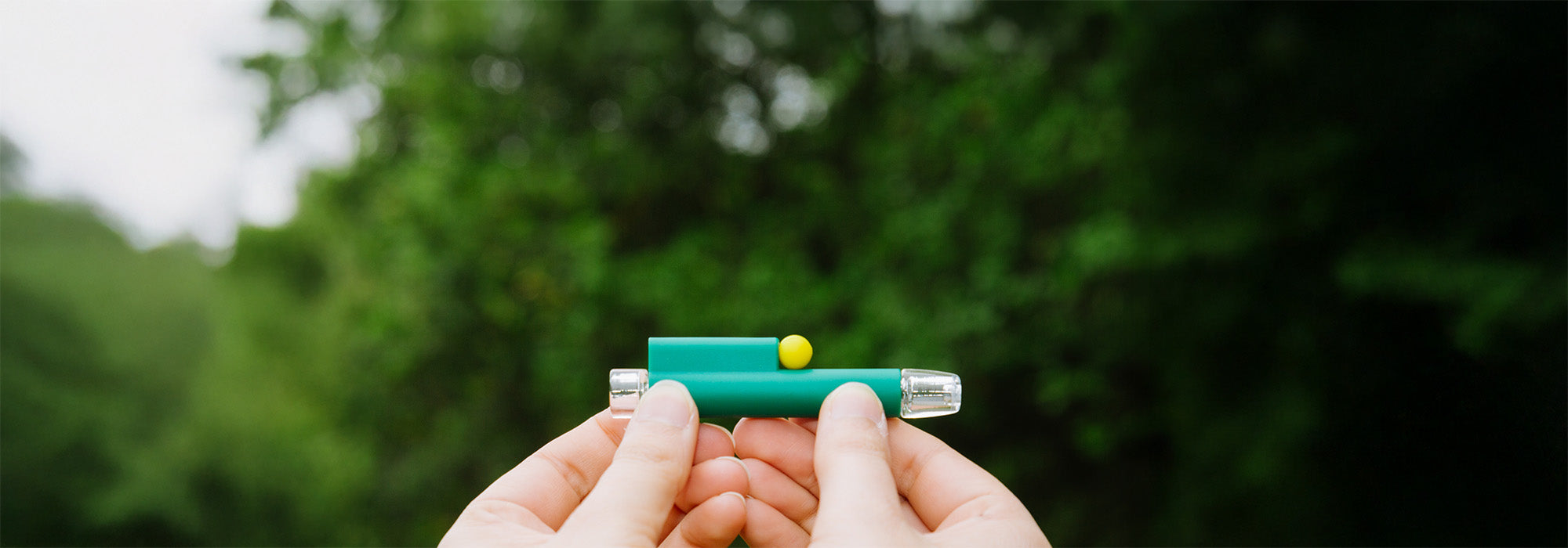 forest green one-hitter being held on front of trees outside