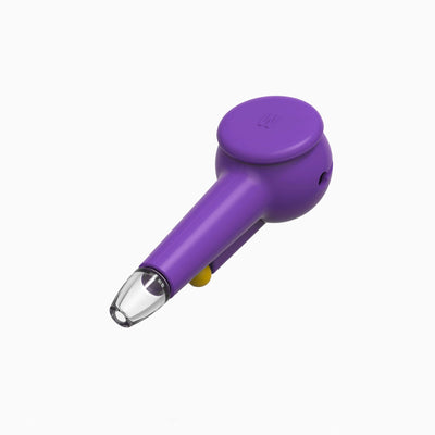 Render of a Weeday glass spoon pipe with purple silicone covers, on a white background.