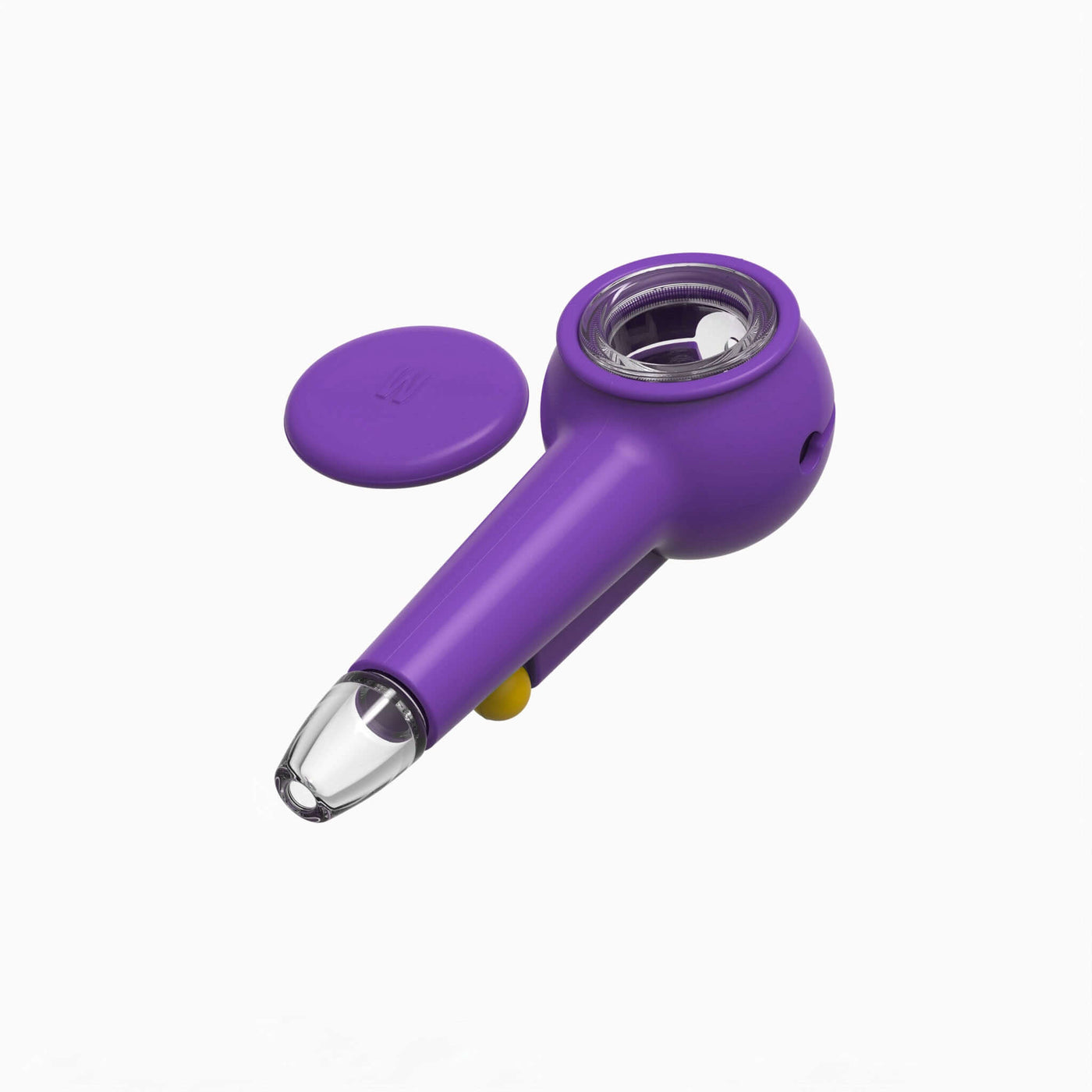 Render of a Weeday glass spoon pipe with purple silicone covers, on a white background.