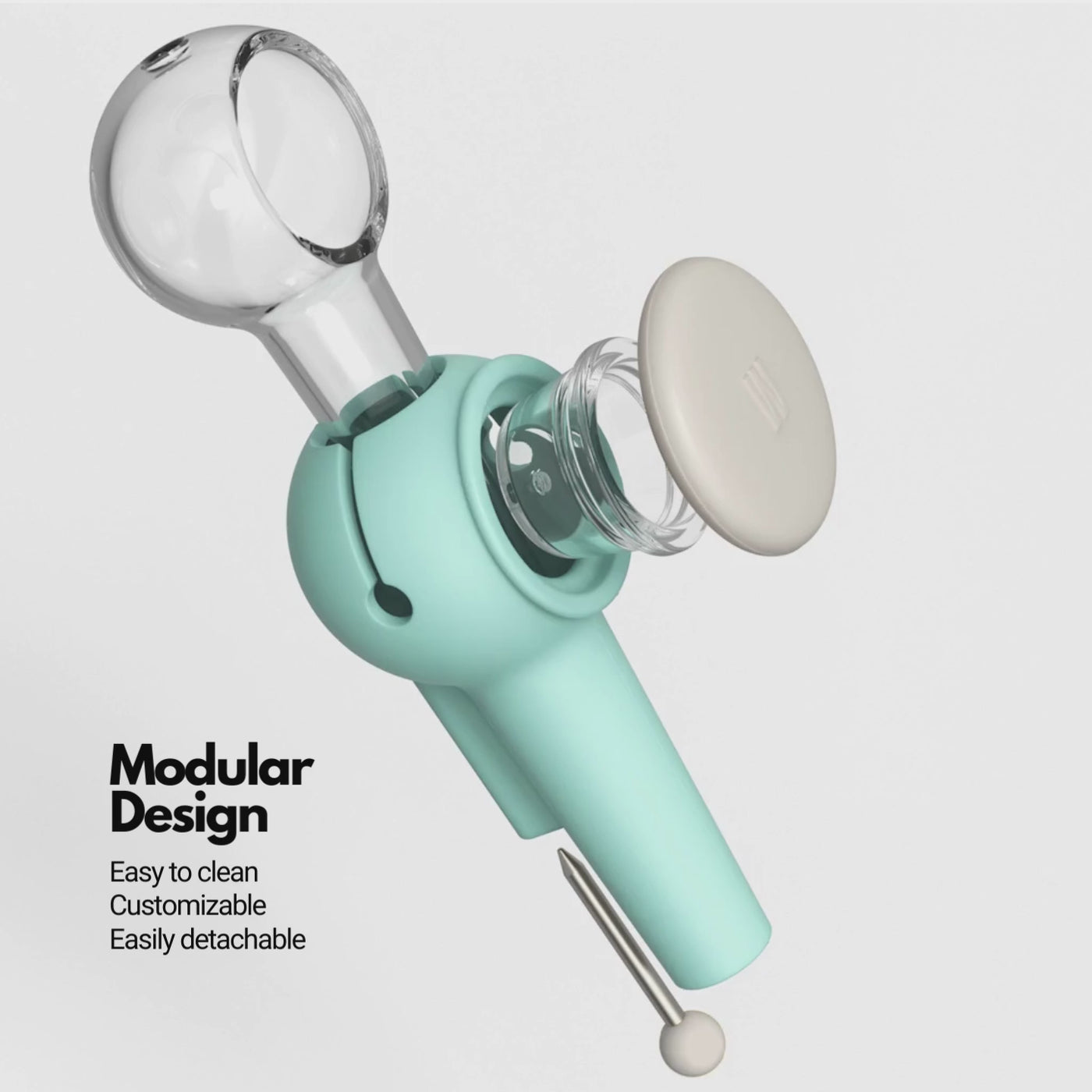 A GIF of an exploded view of Weeday glass spoon pipe in cream & sky color mix, highlighting its customizable and detachable features.