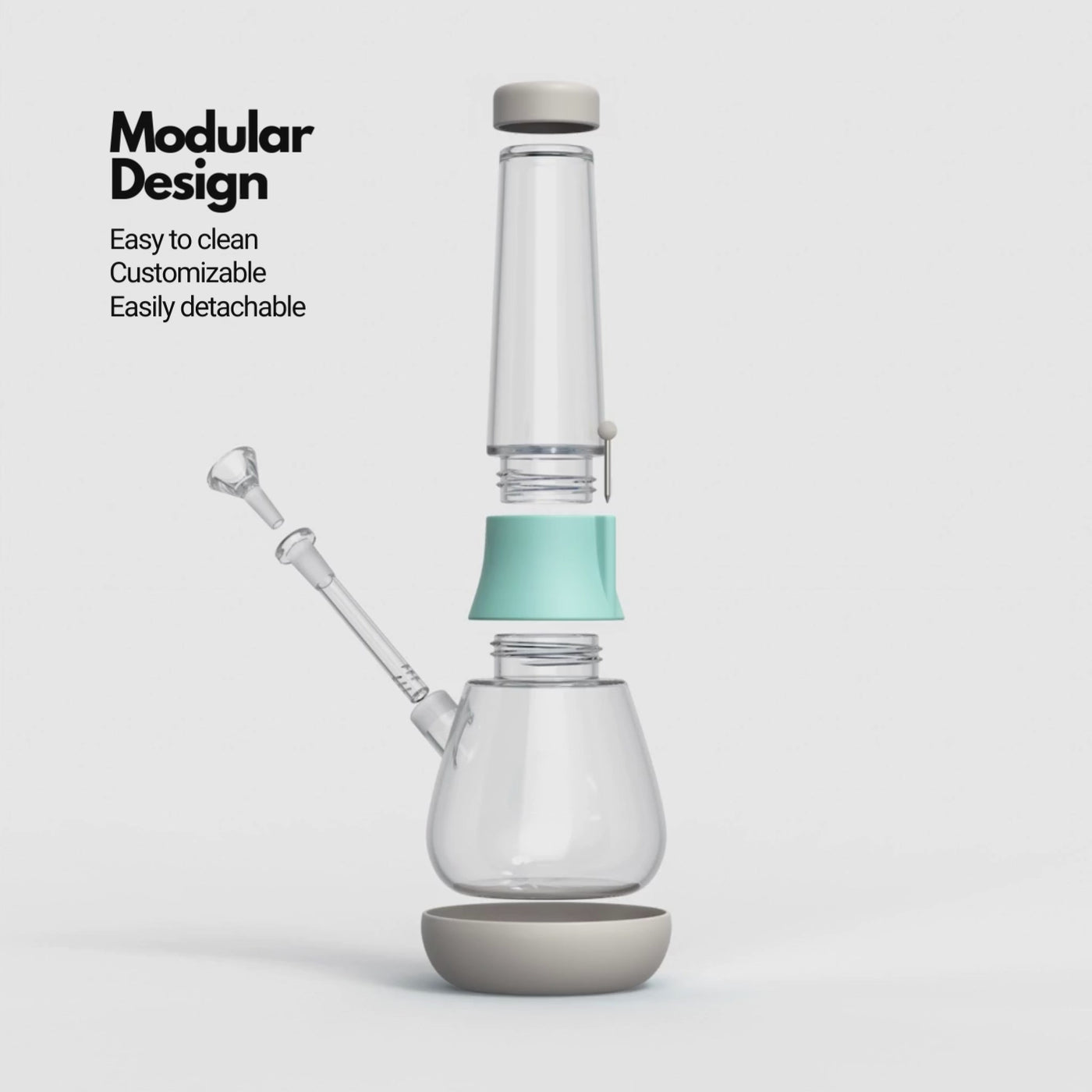 A GIF of an exploded view of Weeday modular glass bong in cream & sky color mix, highlighting its customizable and detachable features.