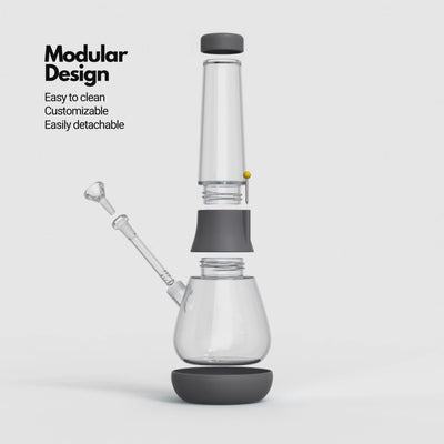 A GIF of an exploded view of Weeday modular glass bong in smoke and forest color mix, highlighting its customizable and detachable features.