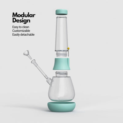 A GIF of an exploded view of Weeday modular glass bong in sky and bubblegum color mix, highlighting its customizable and detachable features.