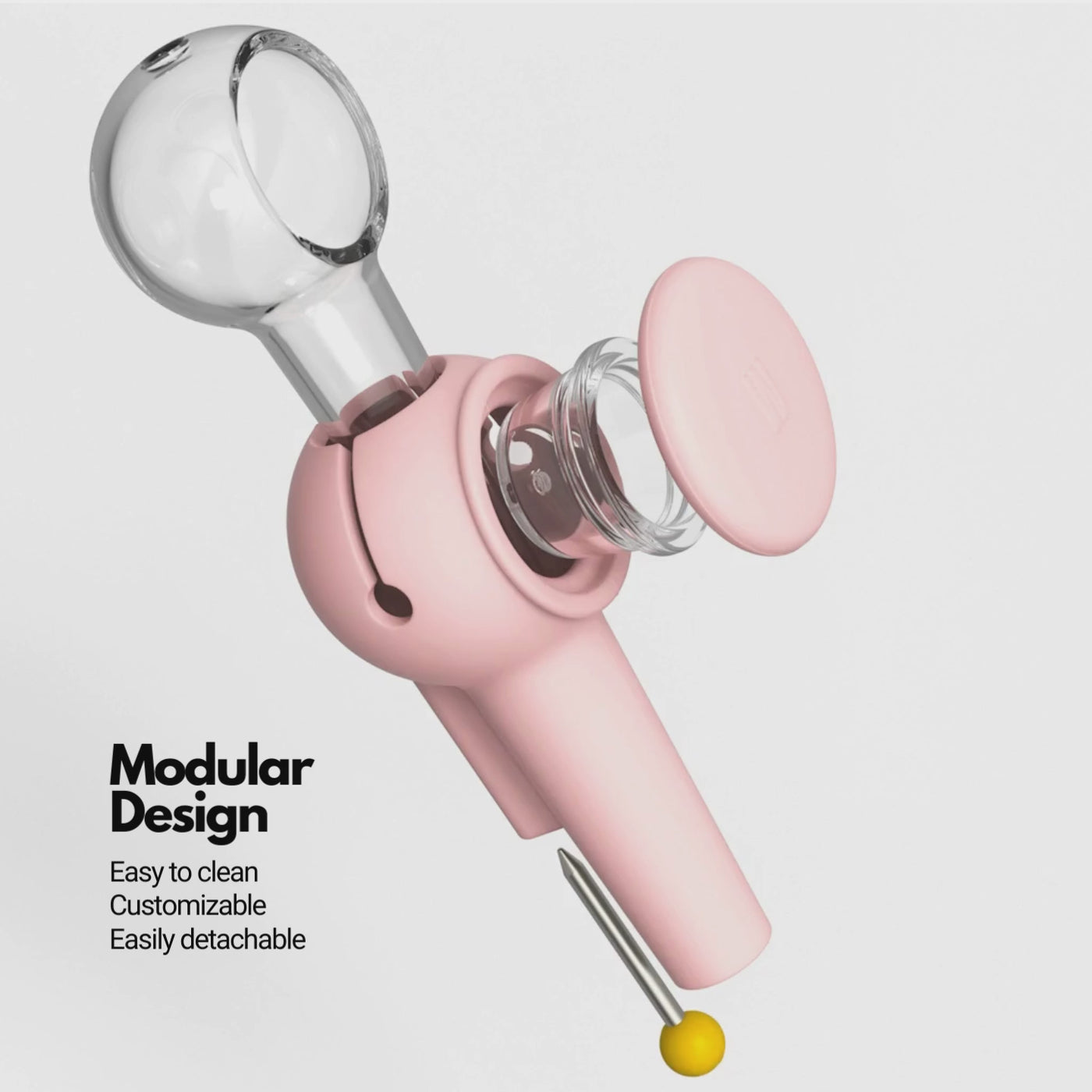 A GIF of an exploded view of Weeday glass spoon pipe in sky and bubblegum color mix, highlighting its customizable and detachable features.