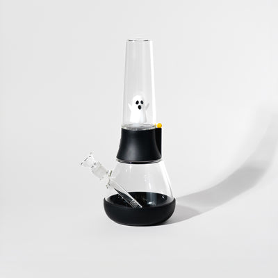 Black ghost water percolator bong with black silicon cover, white background 