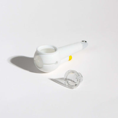 Spooky ghost pipe with white silicone cover and ghost pipe base, white background and bowl separated 