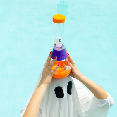 Ghost model holding ghost percolator bong with grape purple and pumpkin orange covers