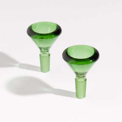 Two green borosilicate glass bong bowls for enhanced smoking experience, sitting side by side.