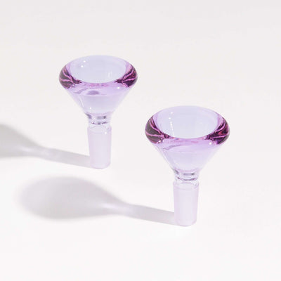 Two purple borosilicate glass bong bowls for enhanced smoking experience, sitting side by side.