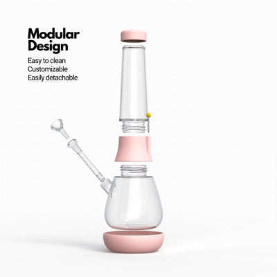 Exploded view infographic of Weeday modular bong (in bubblegum pink color), highlighting its customizable and detachable features.