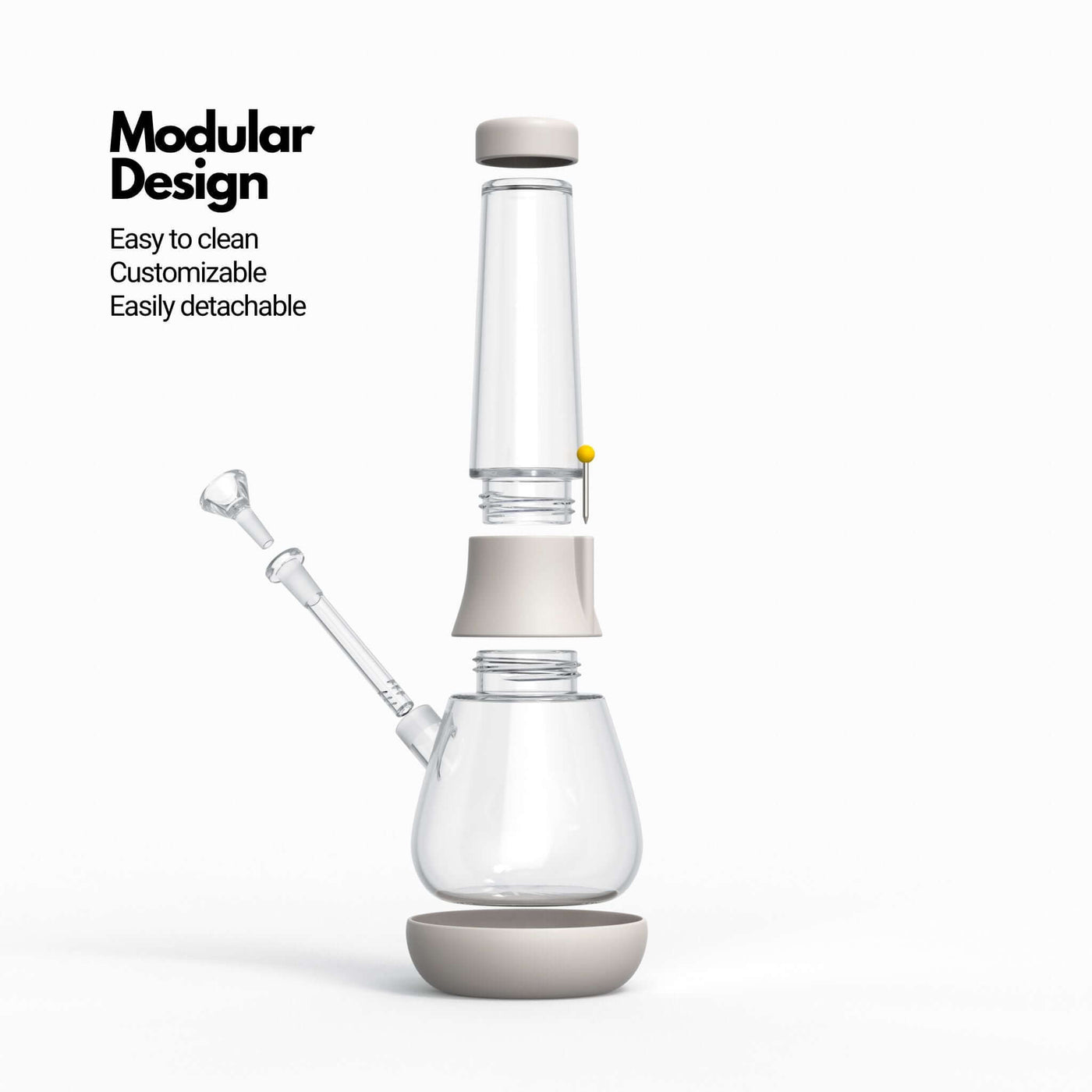 Exploded view infographic of Weeday modular bong (in cream white color), highlighting its customizable and detachable features.