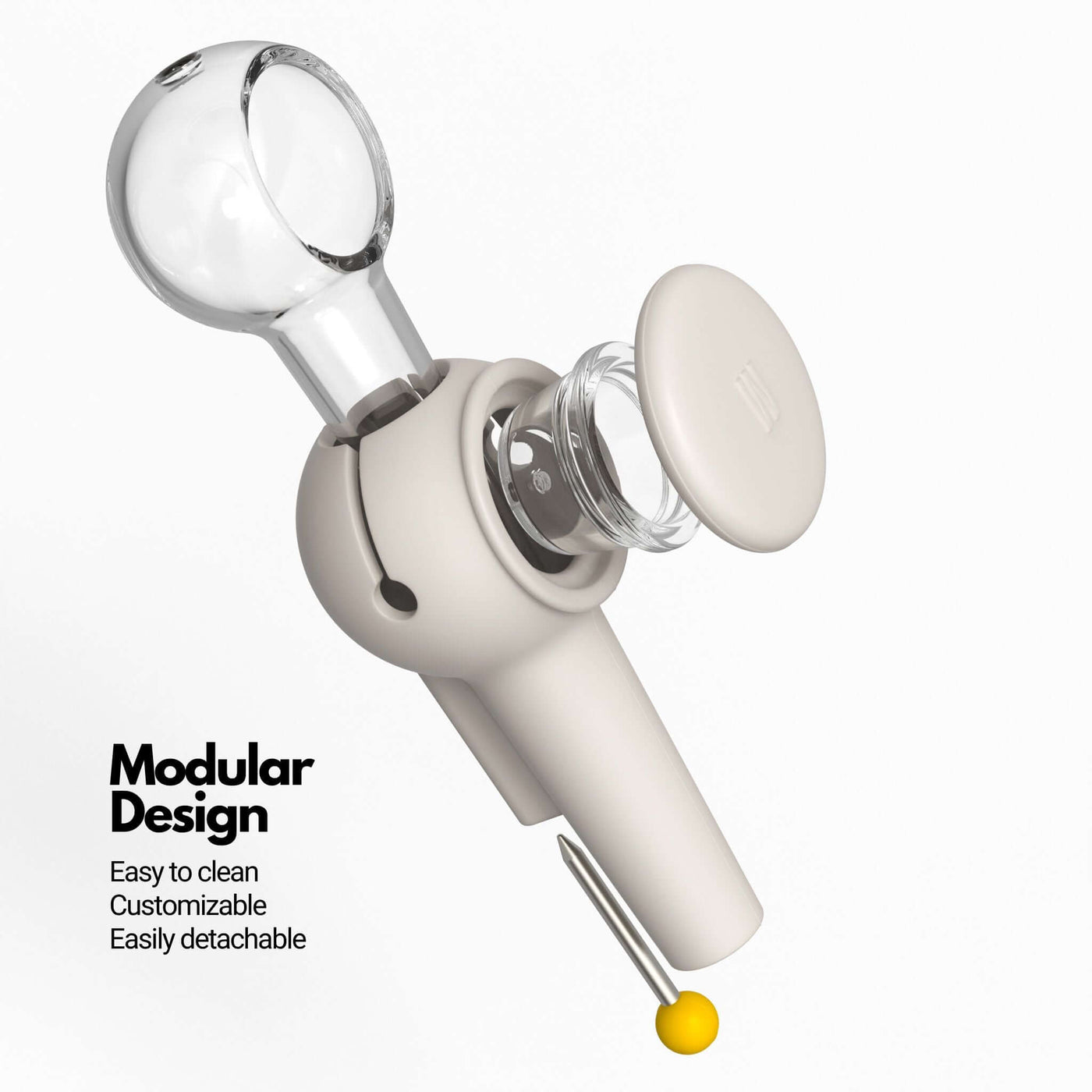 Exploded view infographic of Weeday spoon pipe (in cream white color), highlighting its customizable and detachable features.