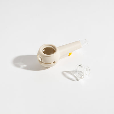 Product photo of an easy-to-clean cream white glass pipe with separated bowl for an enjoyable smoking experience.