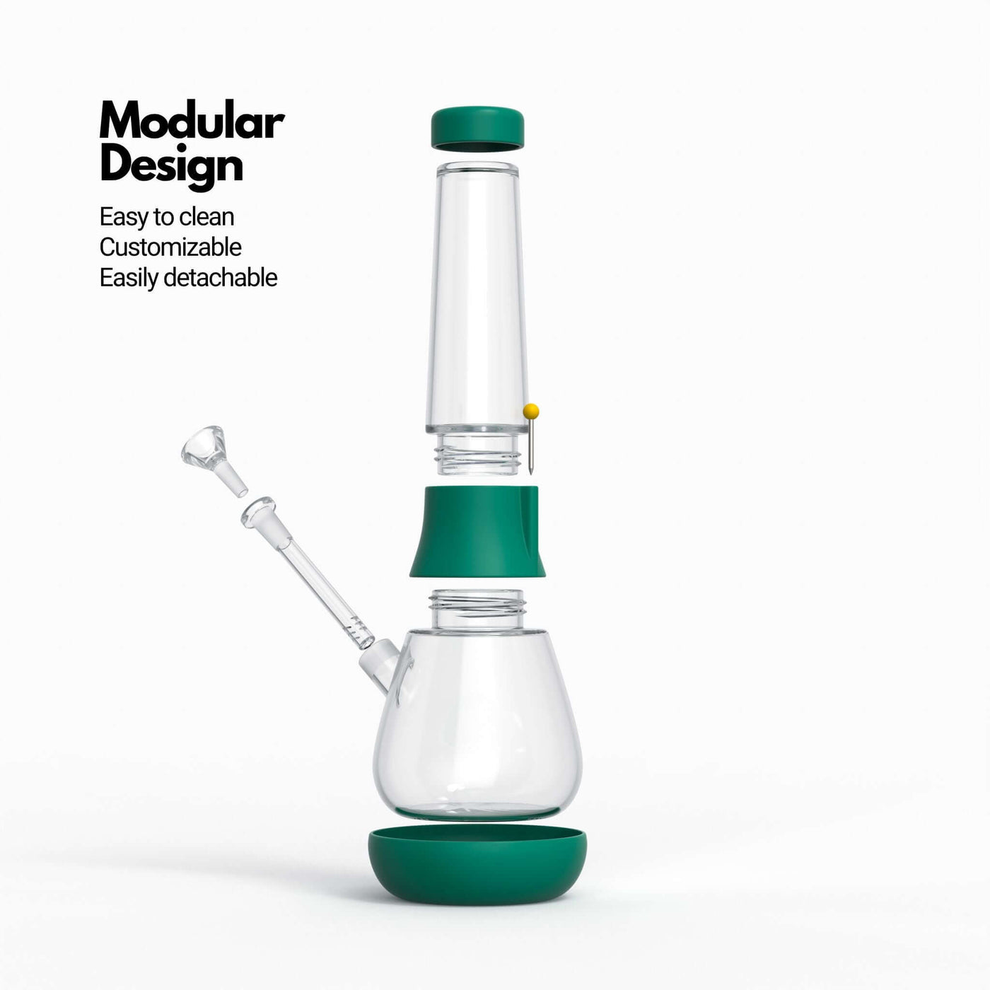 Exploded view infographic of Weeday modular bong (in forest green color), highlighting its customizable and detachable features.