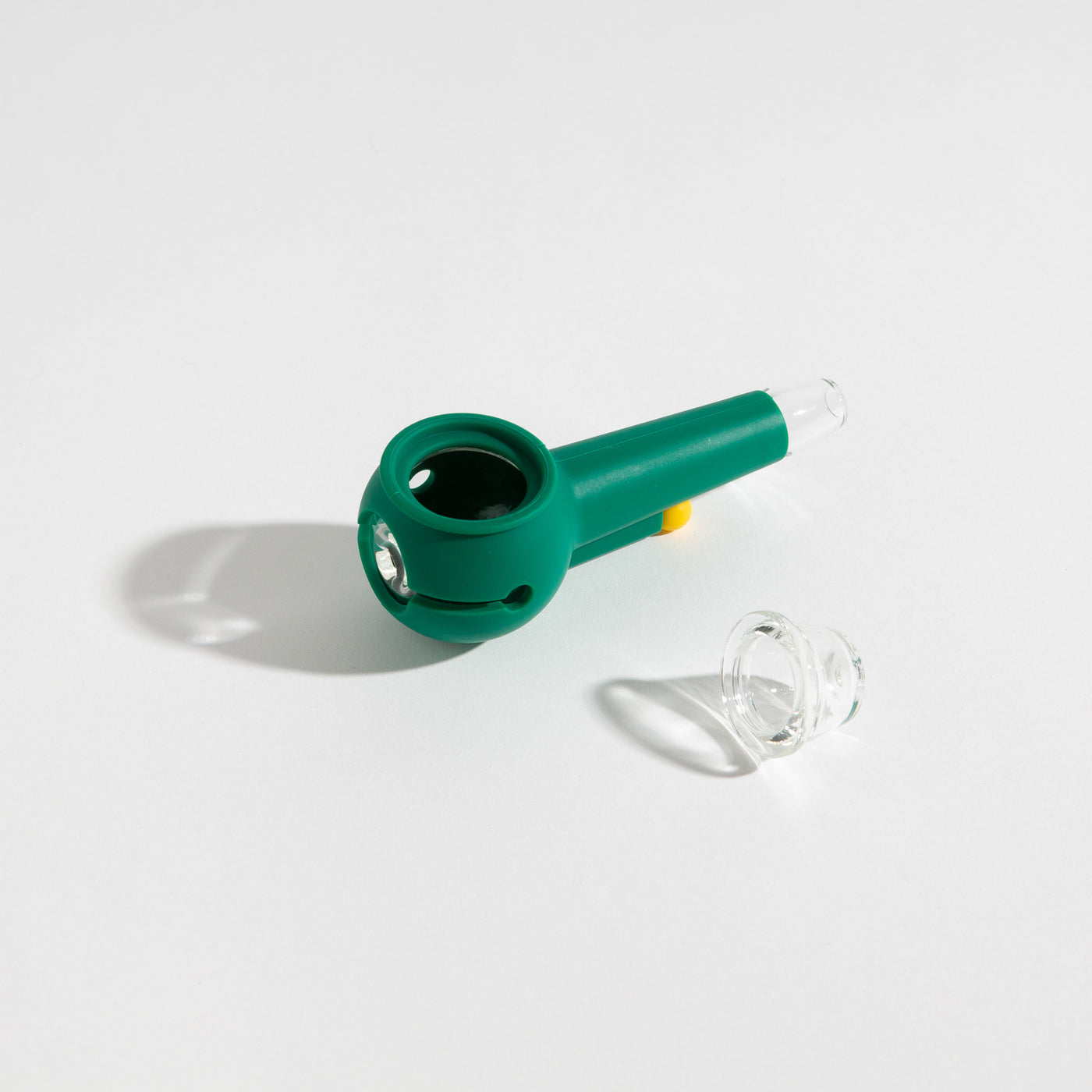 Product photo of an easy-to-clean forest green glass pipe with separated bowl for an enjoyable smoking experience.