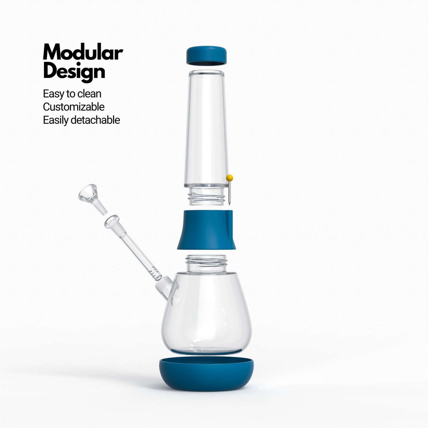 Exploded view infographic of Weeday modular bong (in midnight blue color), highlighting its customizable and detachable features.