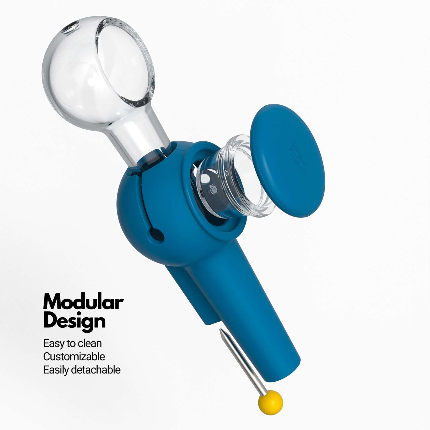 Exploded view infographic of Weeday spoon pipe (in midnight blue color), highlighting its customizable and detachable features.