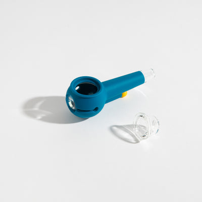Product photo of an easy-to-clean midnight blue glass pipe with separated bowl for an enjoyable smoking experience.