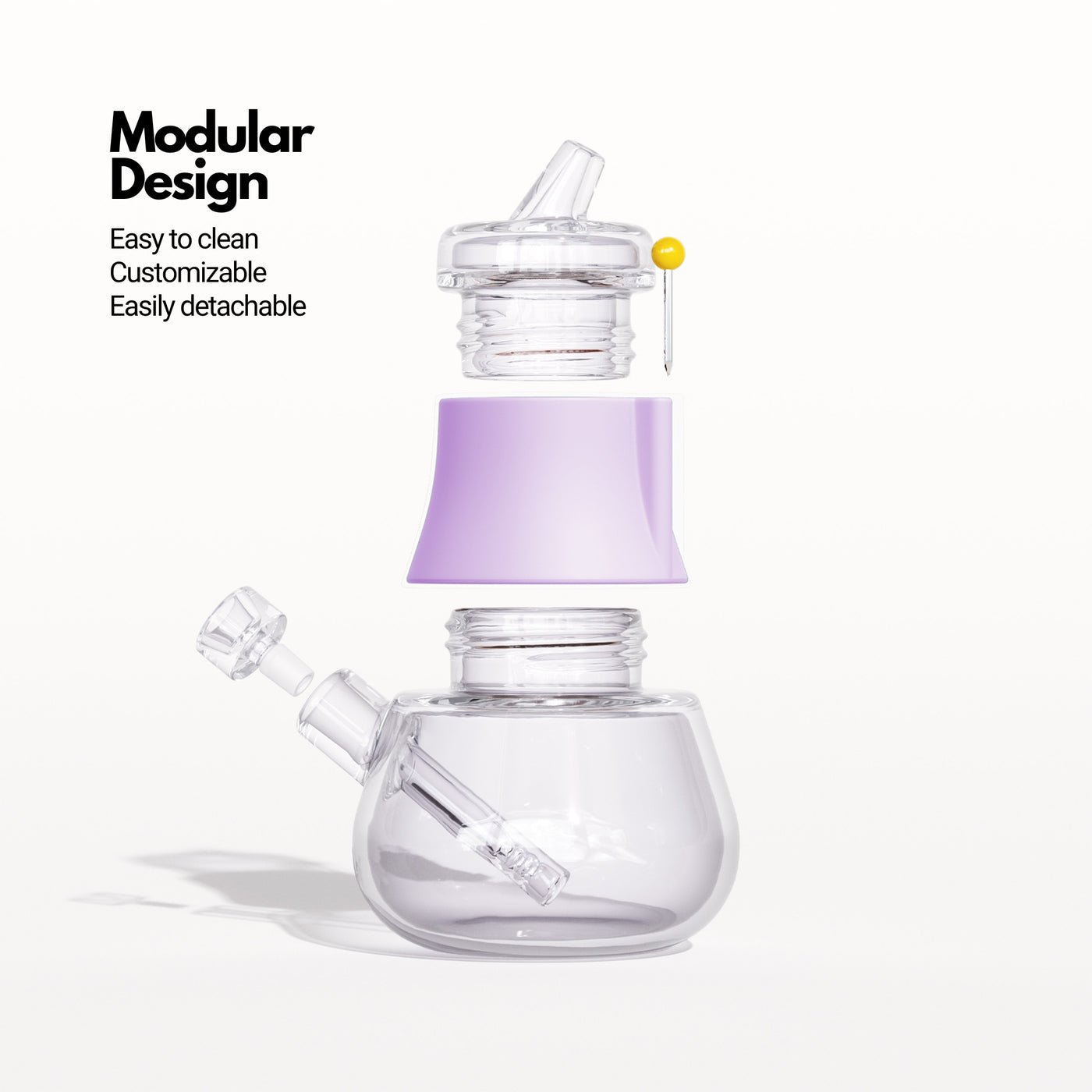 Render of a lavender-purple silicone and glass bubbler, disassembled on a white background.