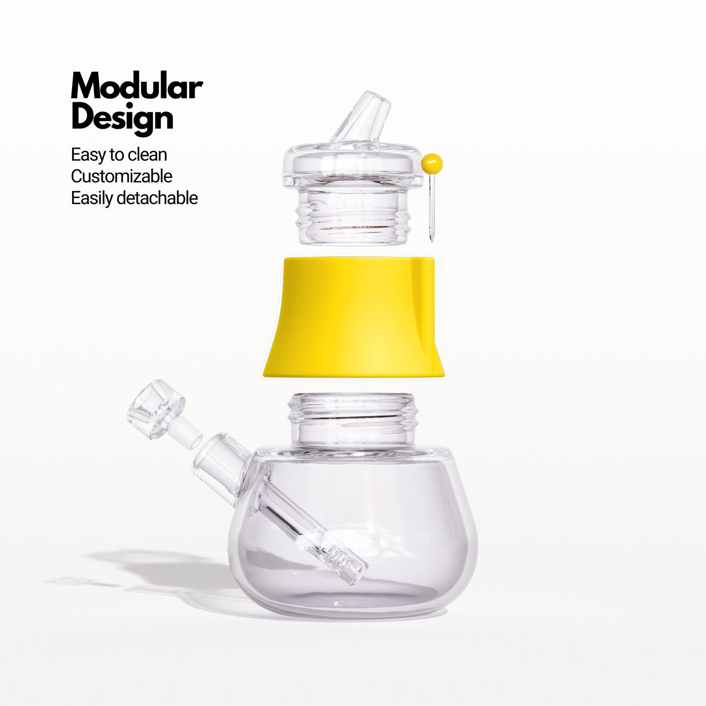 Render of a hot sunshine silicone and glass bubbler, disassembled on a white background.