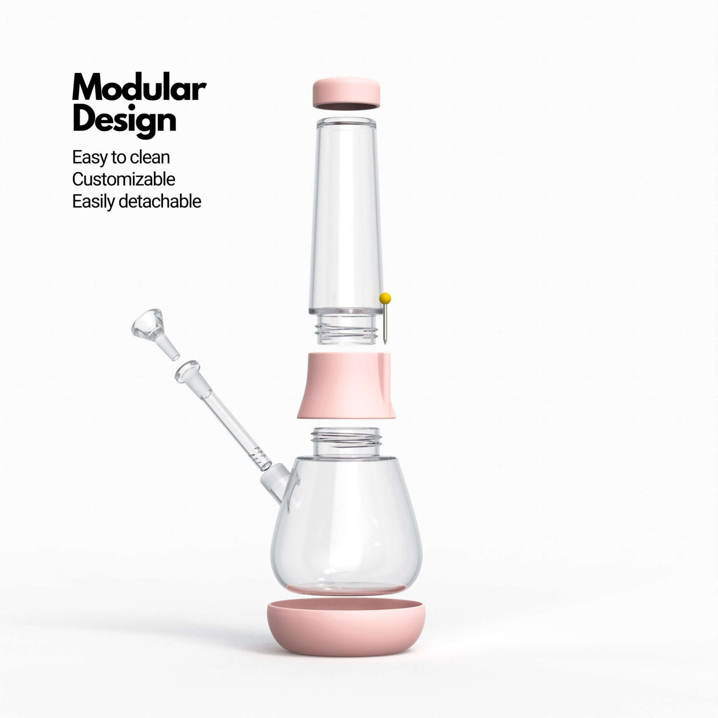 Exploded view of glass modular bong in baby pink, highlighting the stress-free cleaning and custom bong creation features