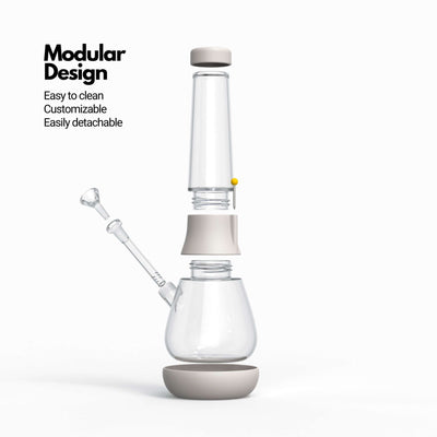 Exploded view of glass modular bong in cream white, highlighting the stress-free cleaning and custom bong creation features