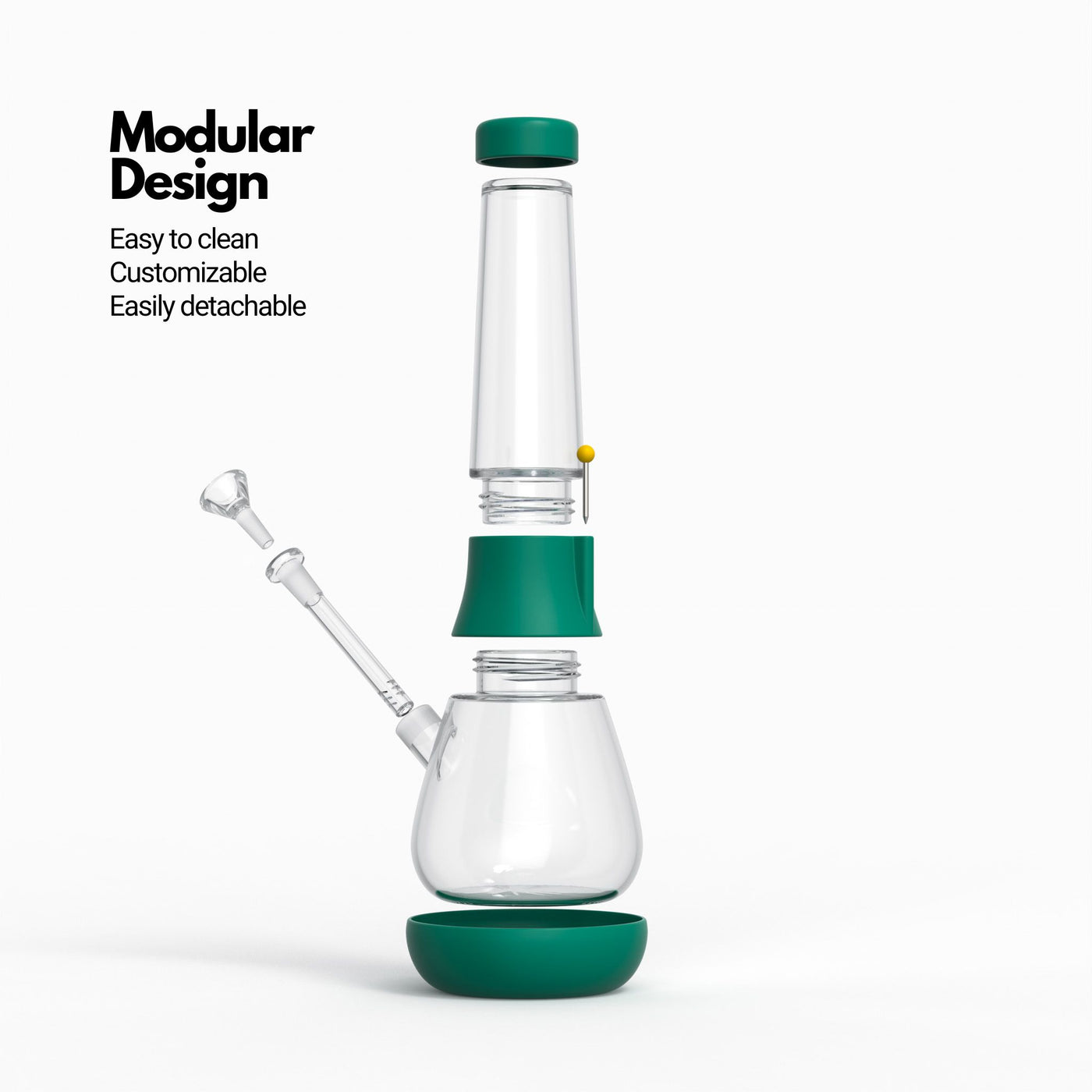 Exploded view of glass modular bong in forest green, highlighting the stress-free cleaning and custom bong creation features