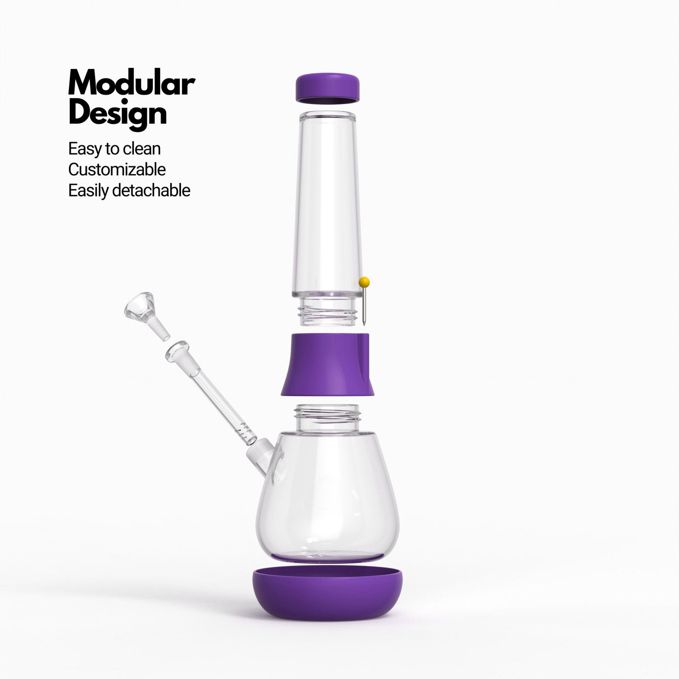 Render of a grape silicone and glass bong with cap, downstem, bowl, and foot dissembled 