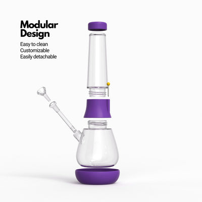 Render of a grape silicone and glass bong with cap, downstem, bowl, and foot dissembled 