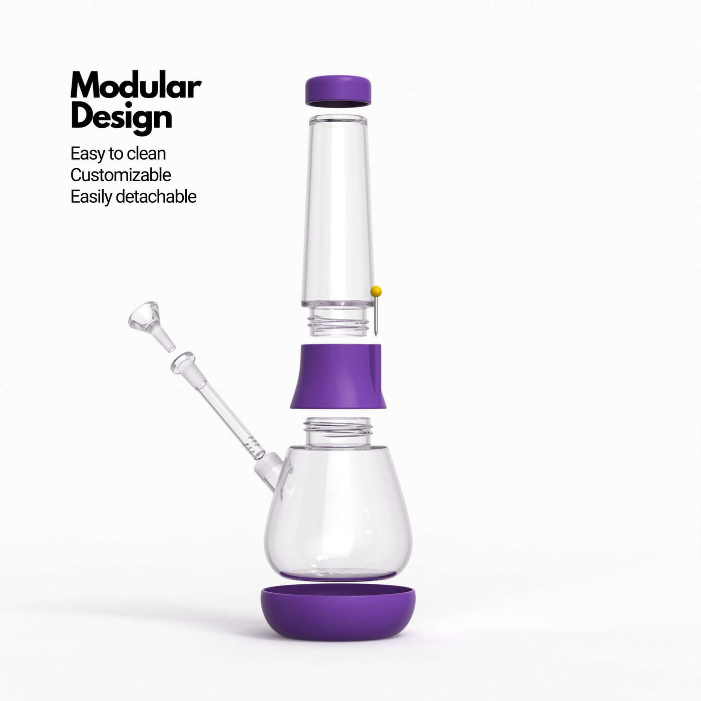 Exploded view infographic of Weeday modular glass bong in grape purple silicone covers, highlighting its customizable and detachable features.