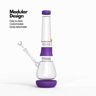 Exploded view infographic of Weeday modular glass bong in grape purple silicone covers, highlighting its customizable and detachable features.