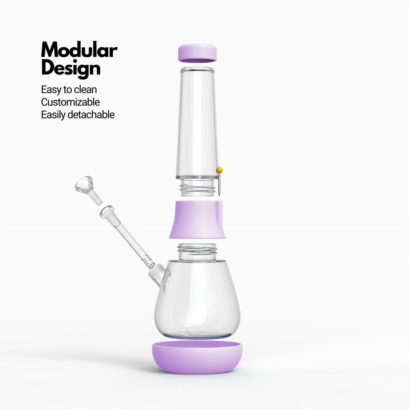 lavender bong dissembled render with clear downstem and bong bowl 