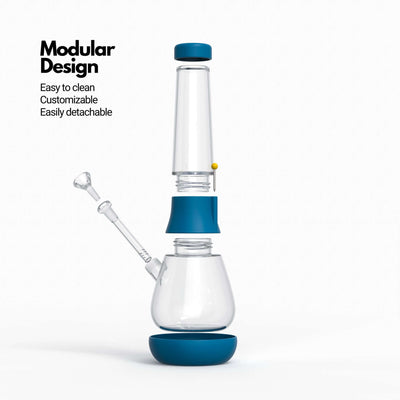 Exploded view of glass modular bong in midnight blue, highlighting the stress-free cleaning and custom bong creation features