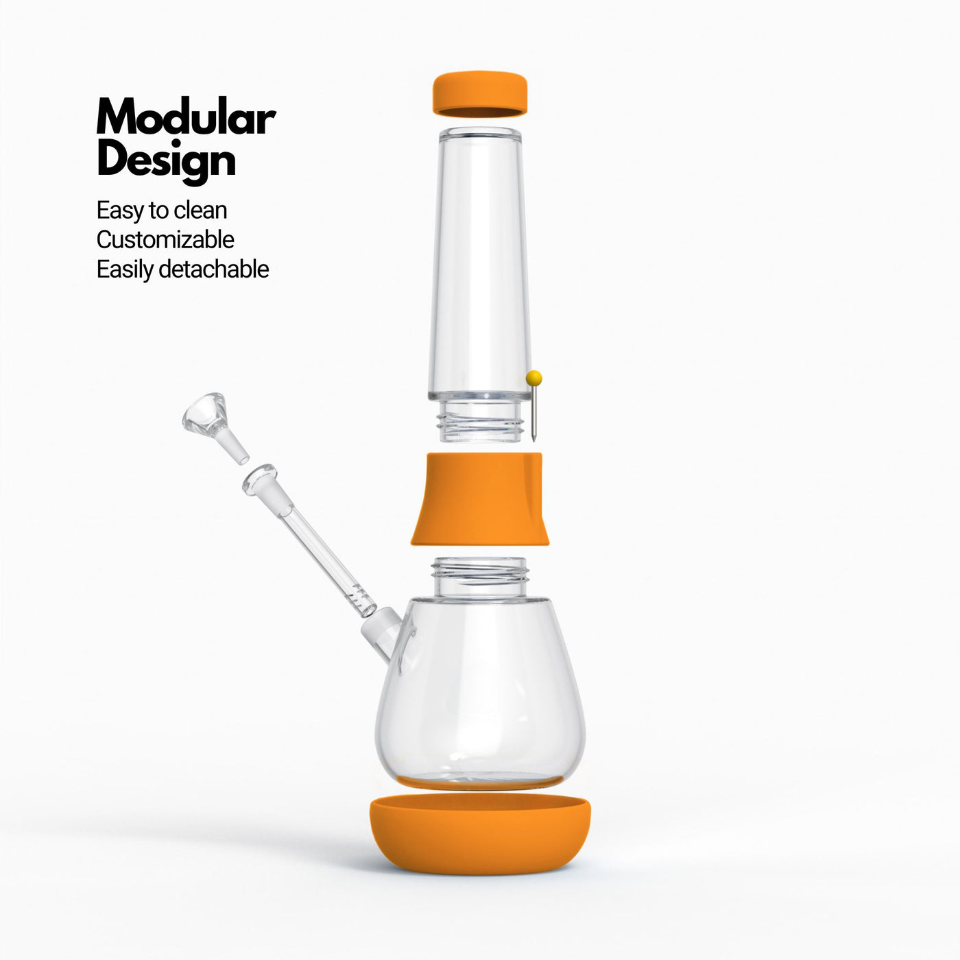 Render of a pumpkin silicone and glass bong with cap, downstem, bowl, and foot dissembled 