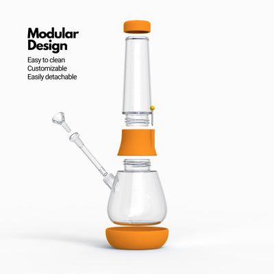 Render of a pumpkin silicone and glass bong with cap, downstem, bowl, and foot dissembled 