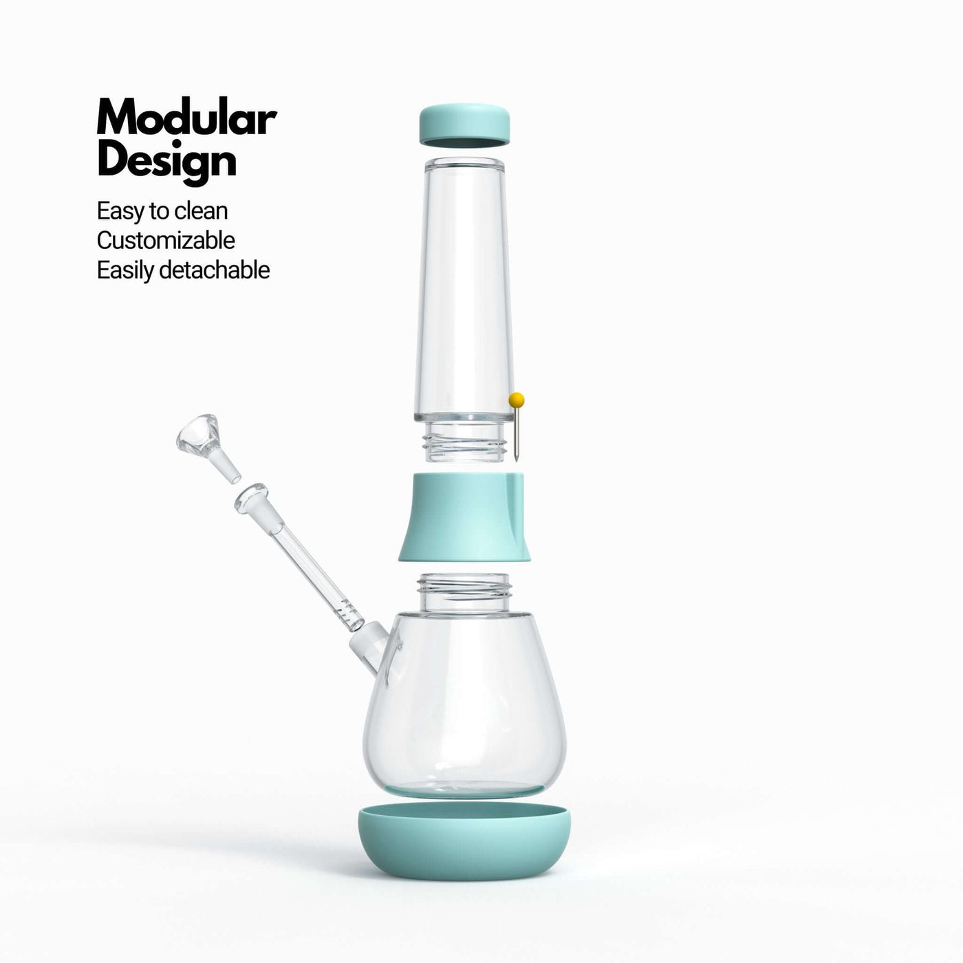 Exploded view of glass modular bong in sky blue, highlighting the stress-free cleaning and custom bong creation features