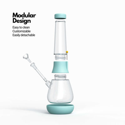 Exploded view of glass modular bong in sky blue, highlighting the stress-free cleaning and custom bong creation features